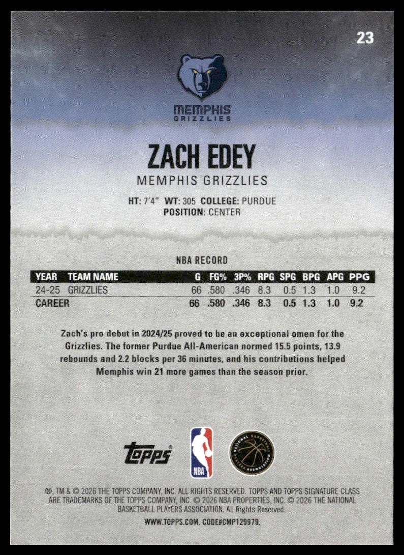 Zach Edey #23 2025-26 Topps Signature Class Memphis Grizzlies