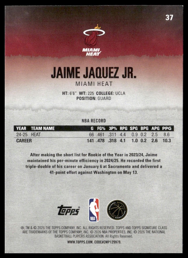 Jaime Jaquez Jr. #37 2025-26 Topps Signature Class Miami Heat