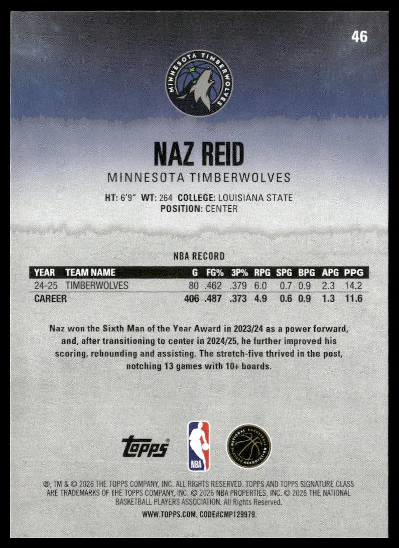 Naz Reid #46 2025-26 Topps Signature Class Minnesota Timberwolves