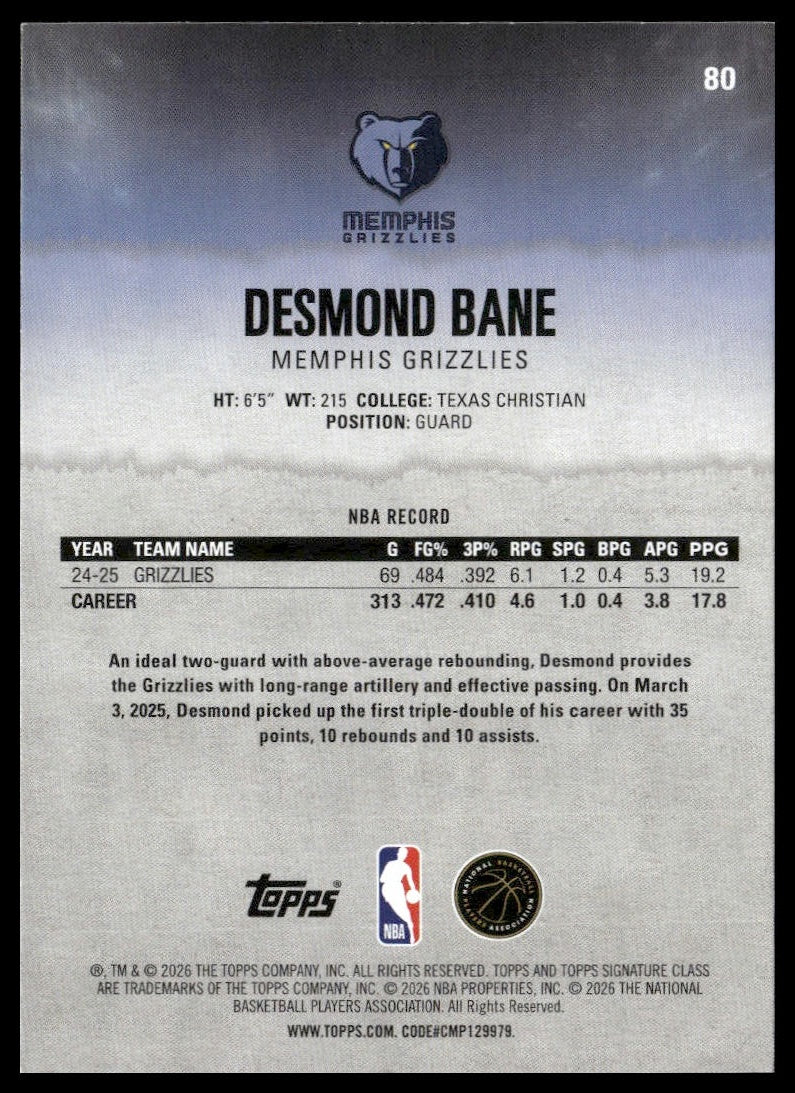 Desmond Bane #80 2025-26 Topps Signature Class Memphis Grizzlies