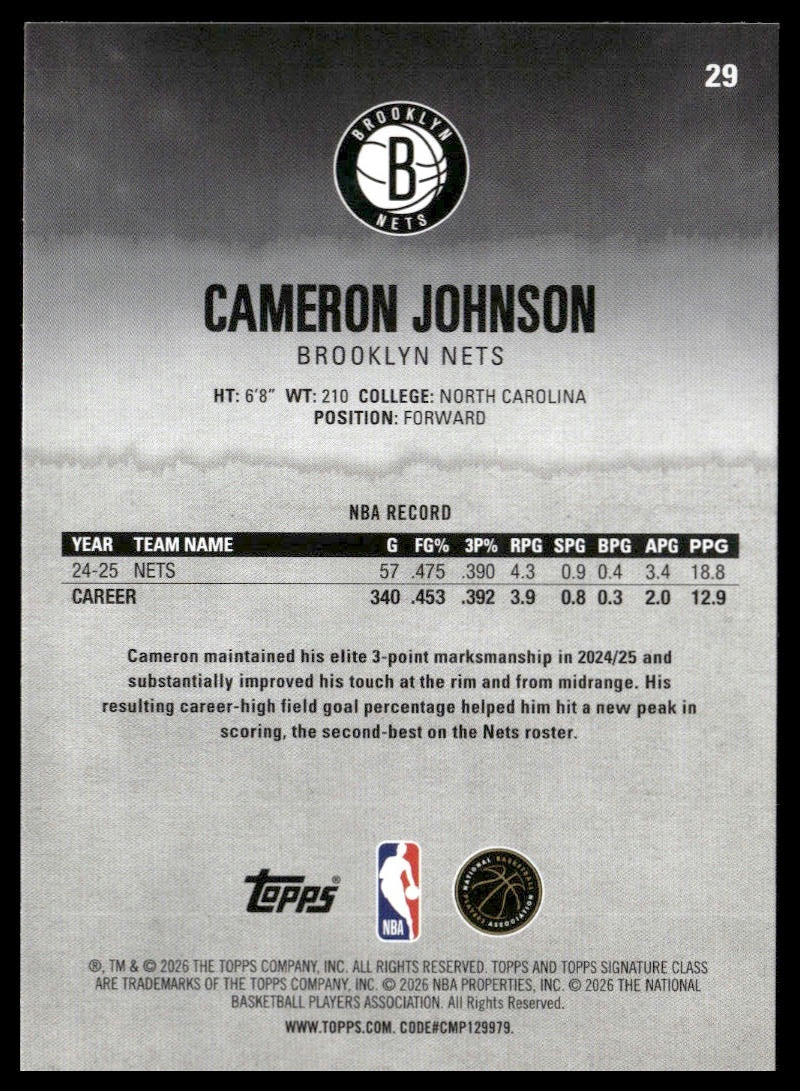 Cameron Johnson #29 2025-26 Topps Signature Class Brooklyn Nets