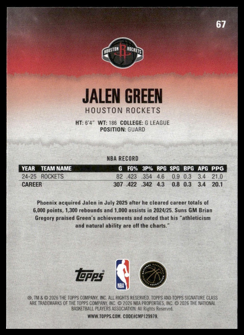 Jalen Green #67 2025-26 Topps Signature Class Houston Rockets