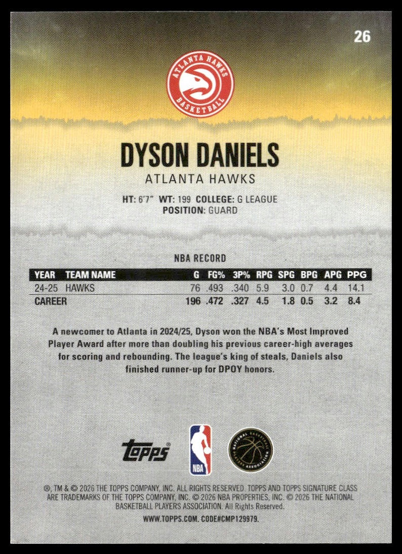 Dyson Daniels #26 2025-26 Topps Signature Class Atlanta Hawks