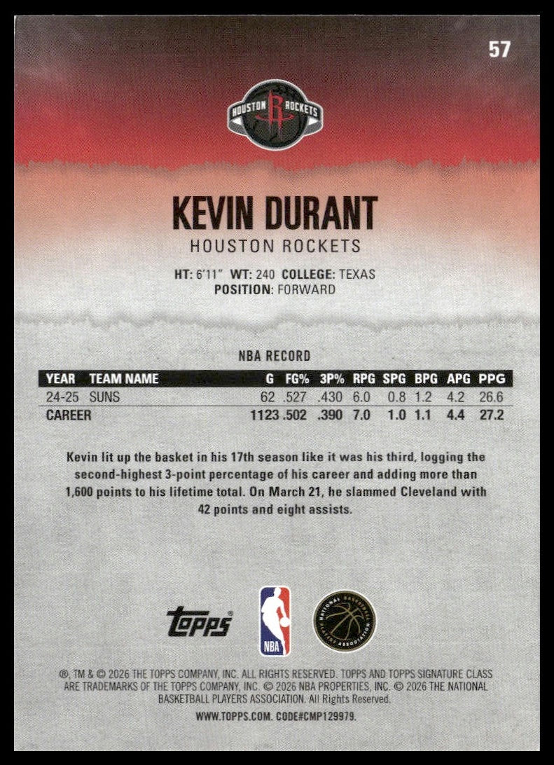 Kevin Durant #57 2025-26 Topps Signature Class Houston Rockets