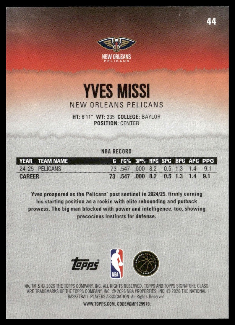 Yves Missi #44 2025-26 Topps Signature Class New Orleans Pelicans
