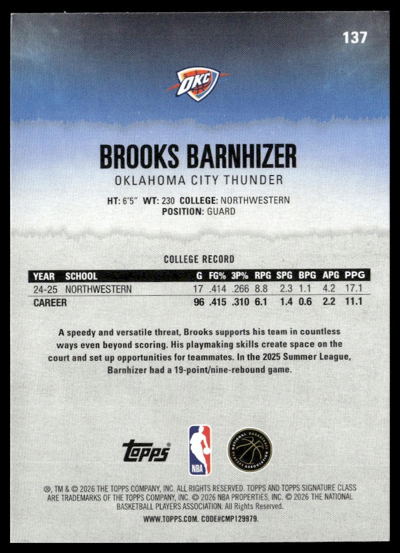 Brooks Barnhizer #137 2025-26 Topps Signature Class Oklahoma City Thunder RC