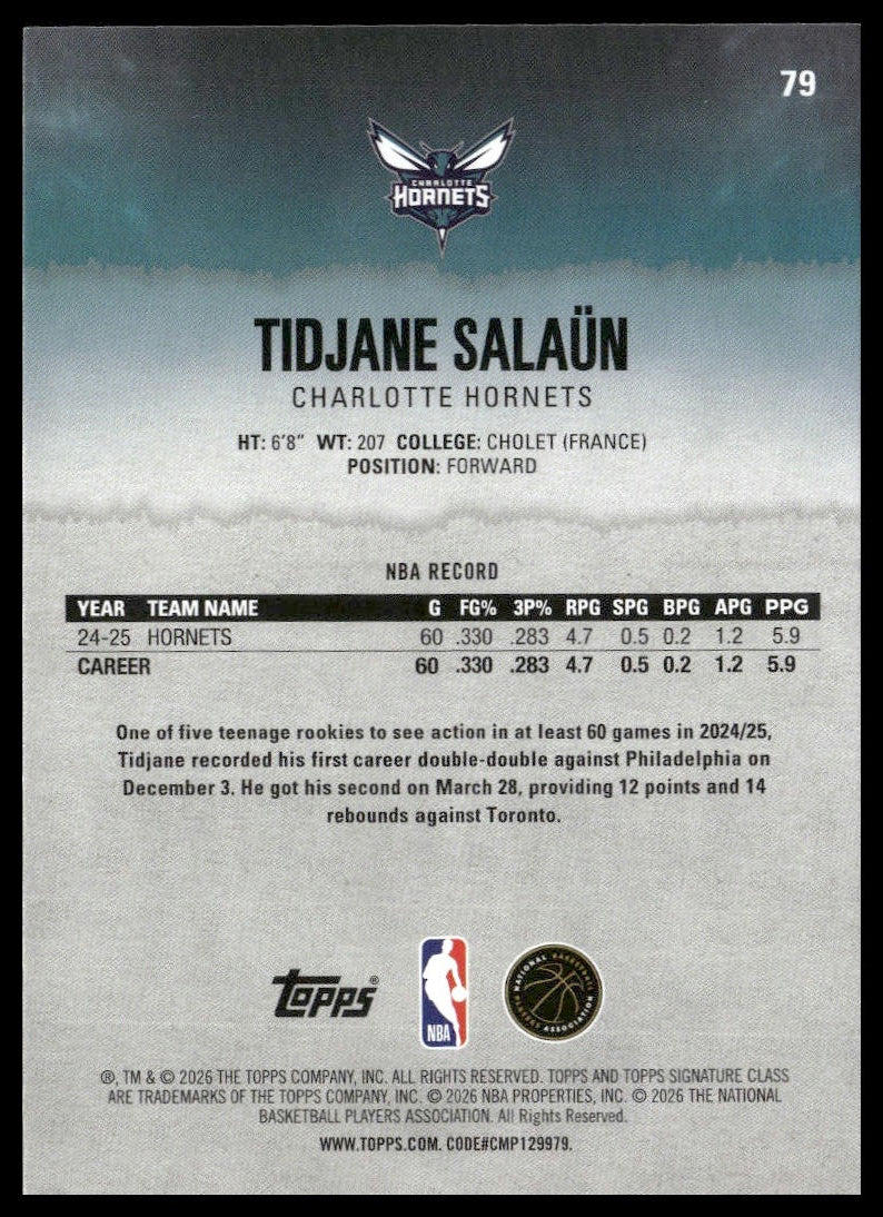 Tidjane Salaün #79 2025-26 Topps Signature Class Charlotte Hornets