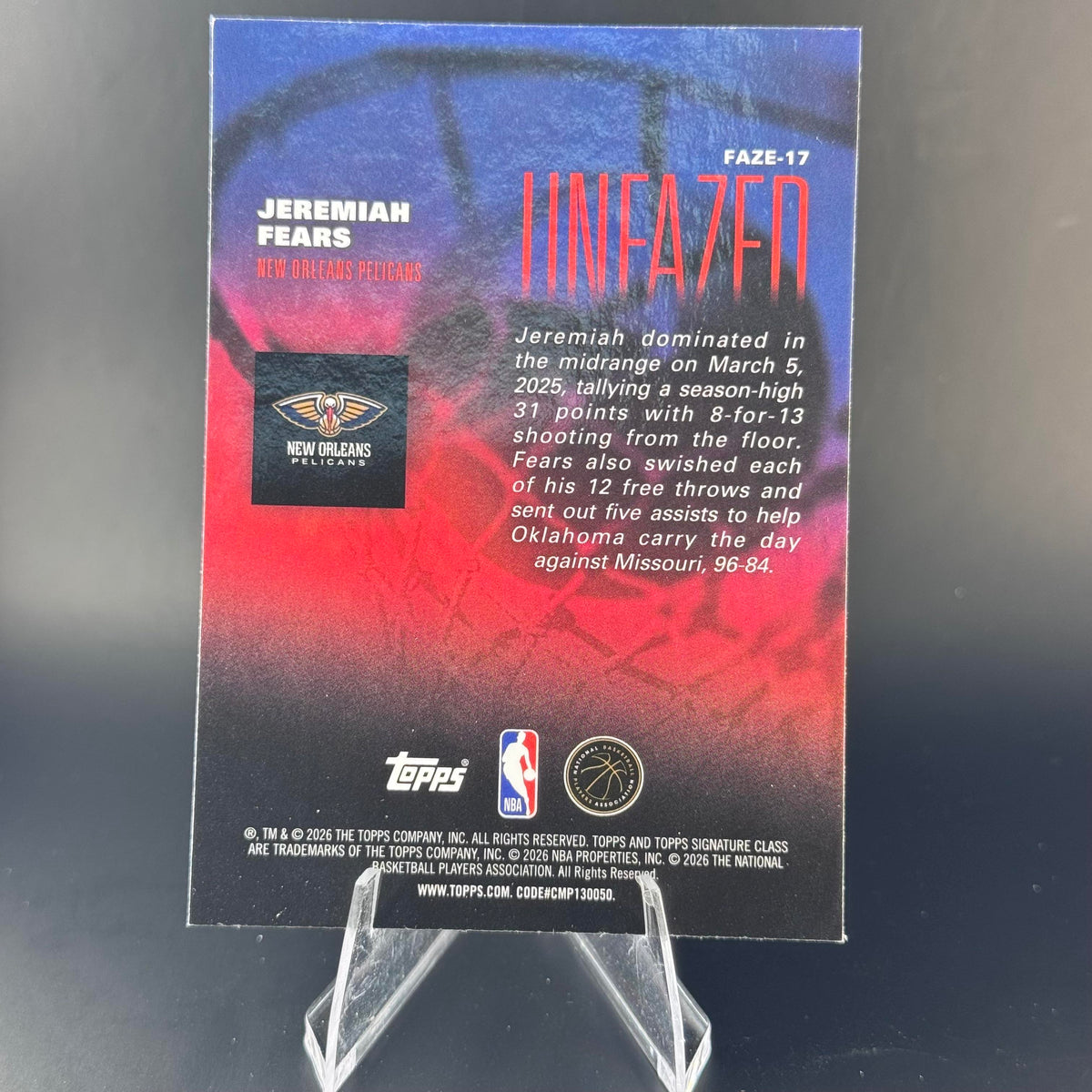 Jeremiah Fears #FAZE-17 Unfazed 2025-26 Topps Signature Class Pelicans