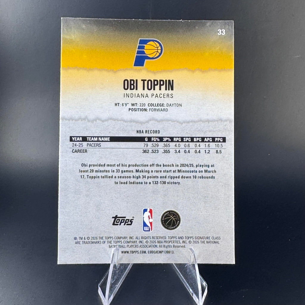 Obi Toppin #33 Gold Pandora 2025-26 Topps Signature Class Indiana Pacers