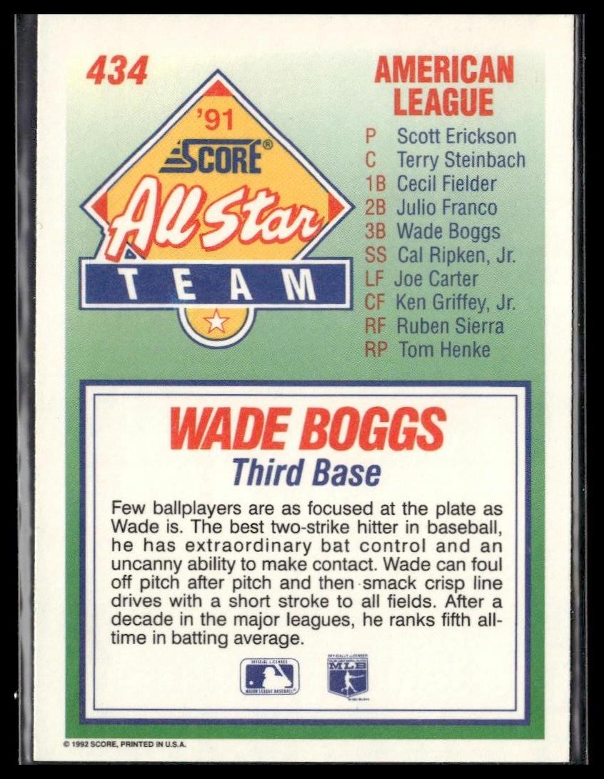 Wade Boggs #434 1992 Score Boston Red Sox