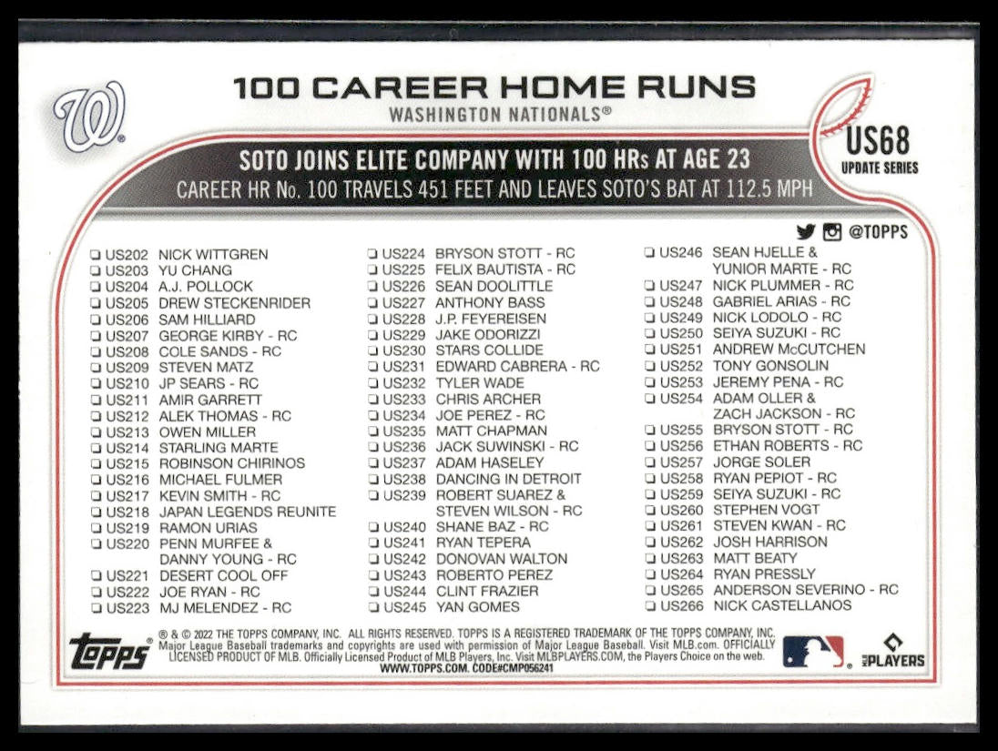 100 Career Home Runs (Juan Soto) #US68 2022 Topps Update Washington Nationals