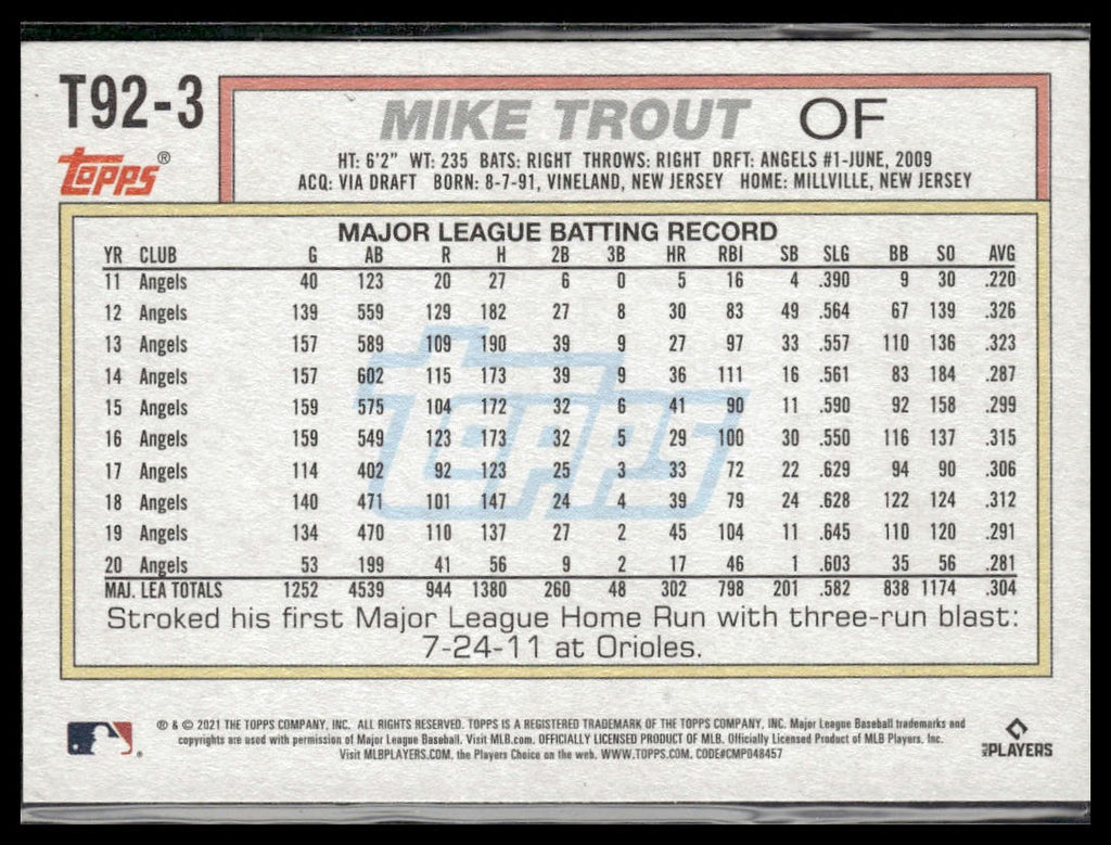 Mike Trout #T92-3 1992 Topps Redux 2021 Topps Update Los Angeles Angels