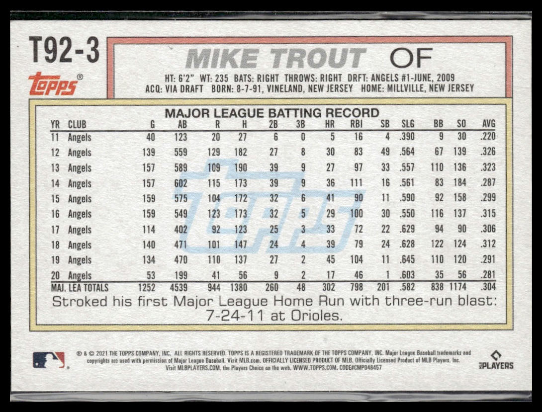 Mike Trout #T92-3 1992 Topps Redux 2021 Topps Update Los Angeles Angels