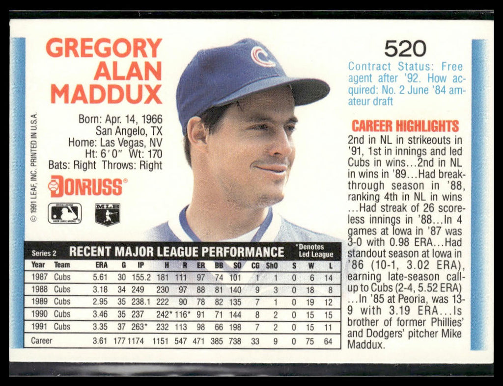 Greg Maddux #520 1992 Donruss Chicago Cubs