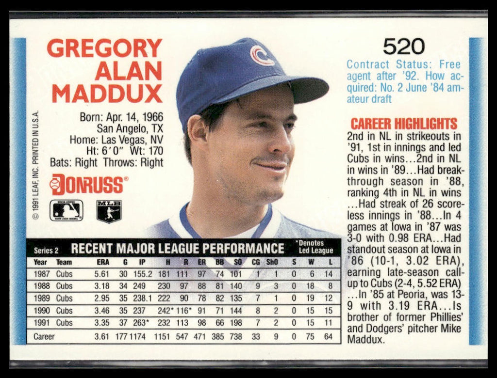 Greg Maddux #520 1992 Donruss Chicago Cubs