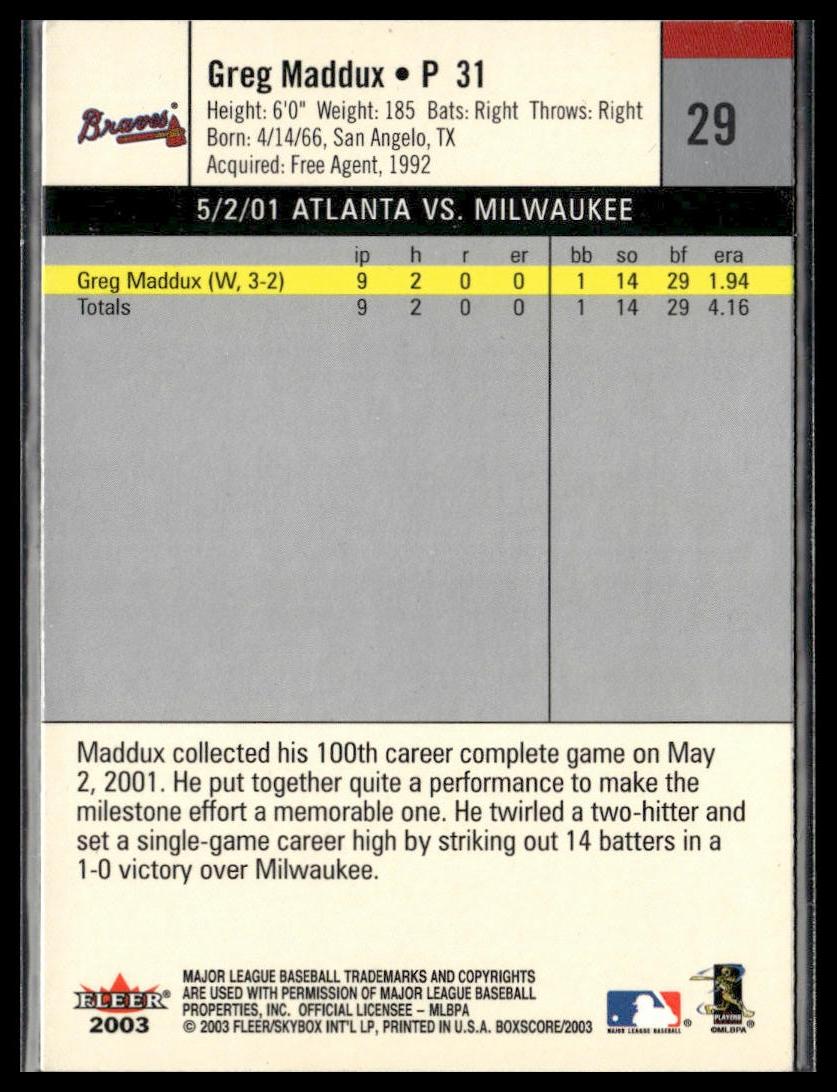 Greg Maddux #29 2003 Fleer Box Score Atlanta Braves