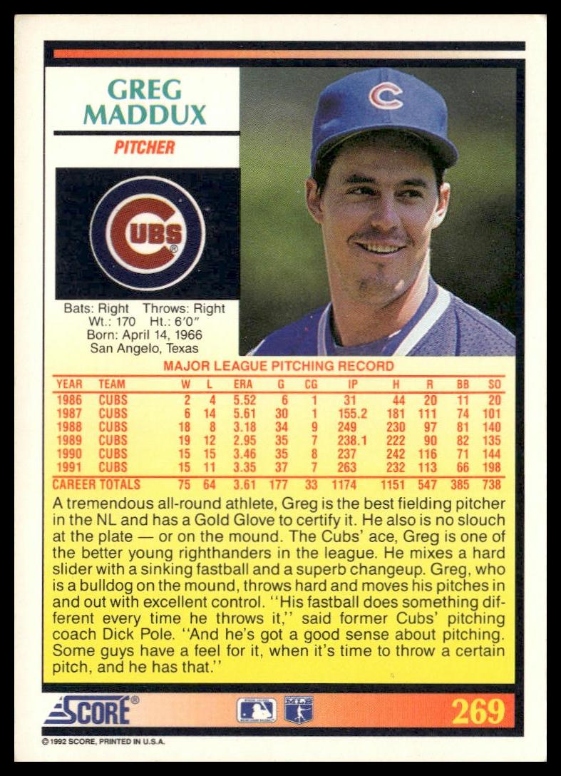 Greg Maddux #269 1992 Score Chicago Cubs