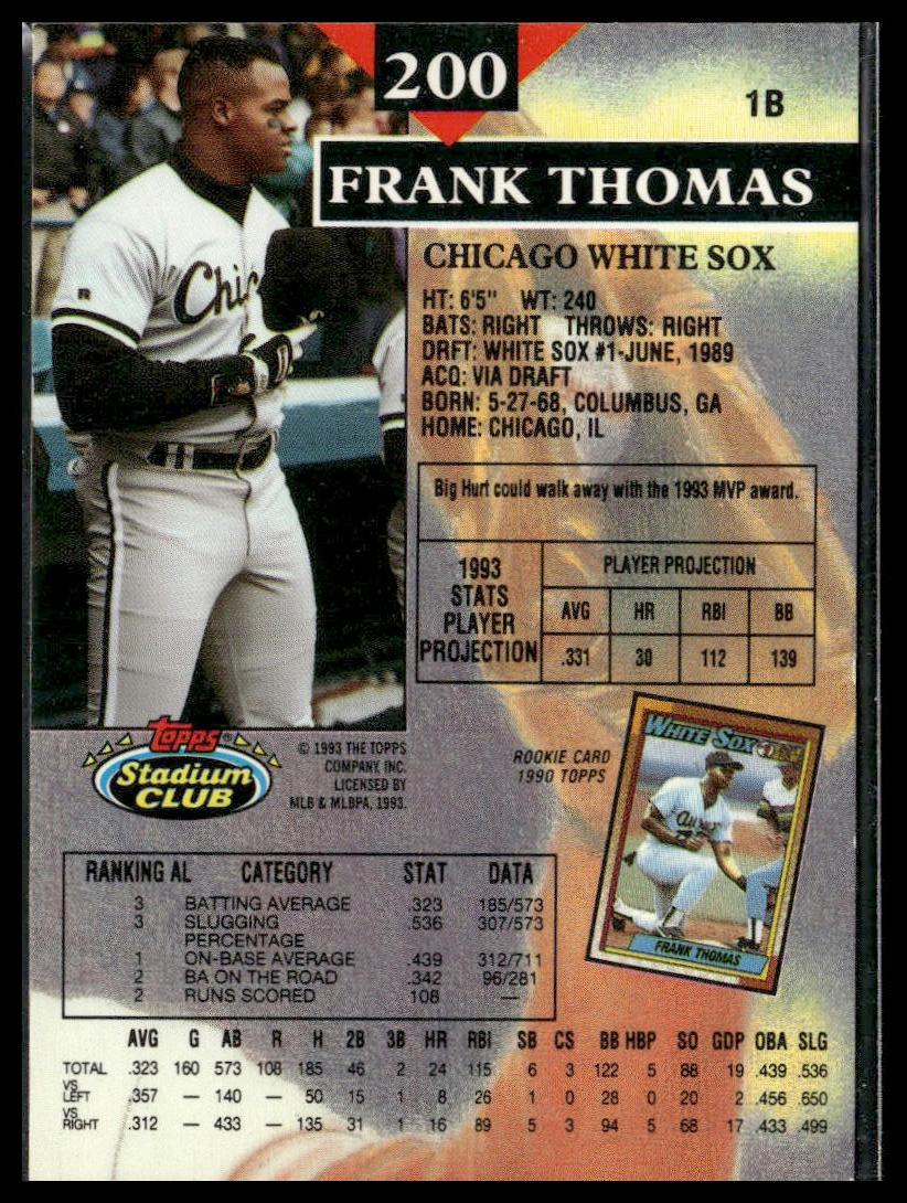 Frank Thomas #200 1993 Stadium Club Chicago White Sox