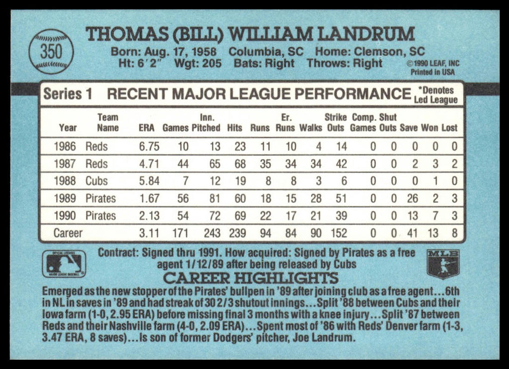 Bill Landrum #350 1991 Donruss Pittsburgh Pirates
