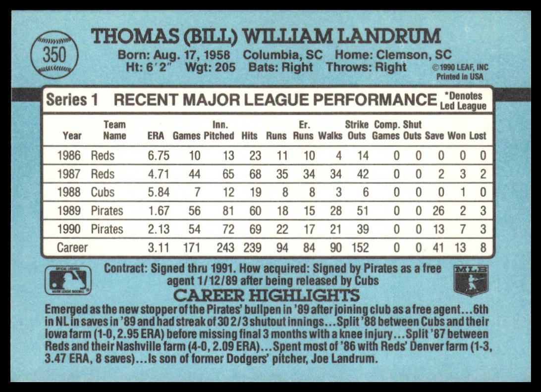 Bill Landrum #350 1991 Donruss Pittsburgh Pirates
