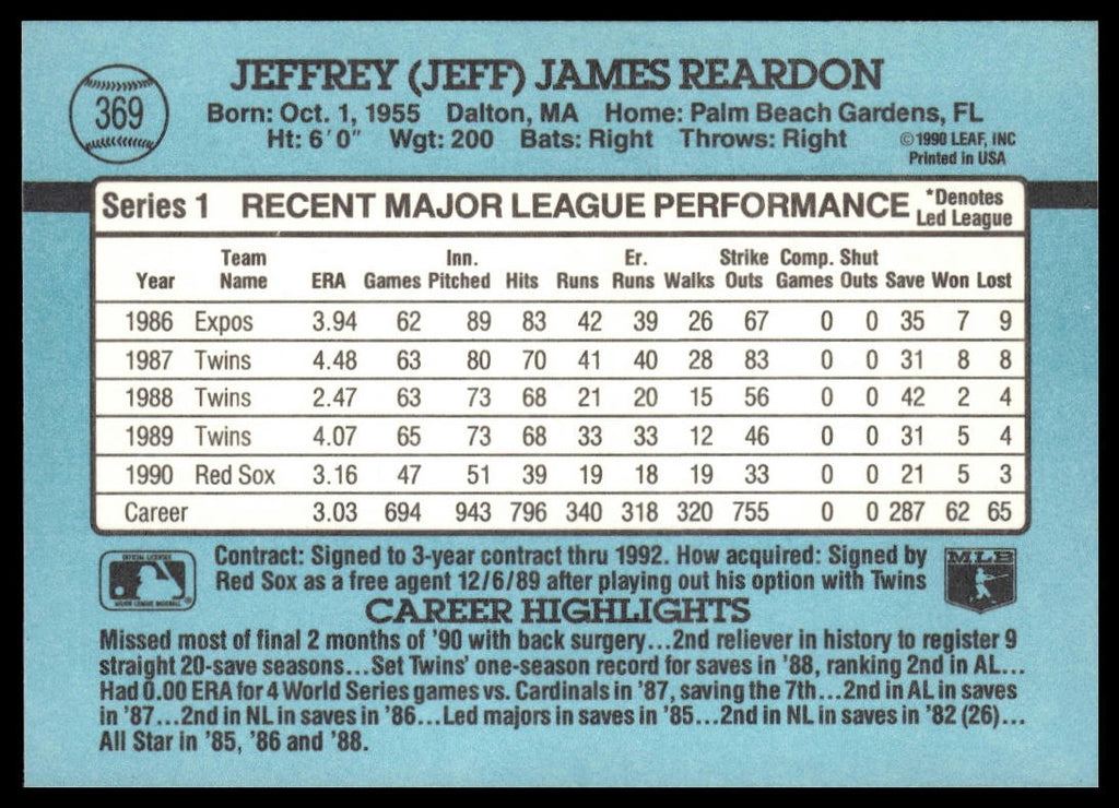 Jeff Reardon #369 1991 Donruss Boston Red Sox