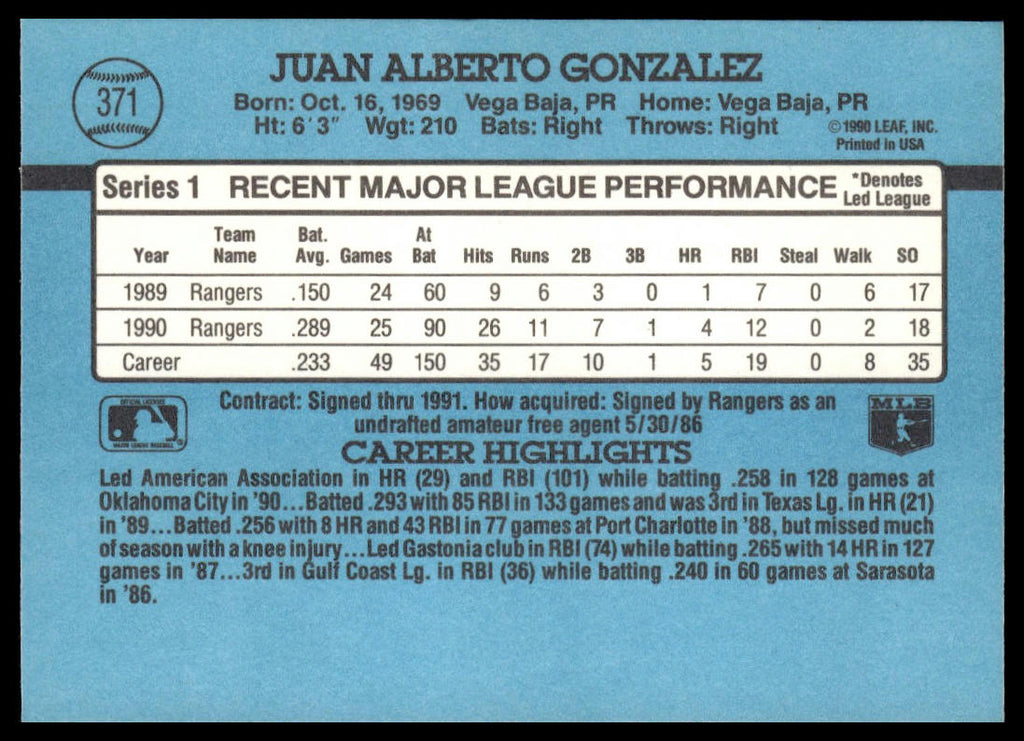Juan Gonzalez #371 1991 Donruss Texas Rangers