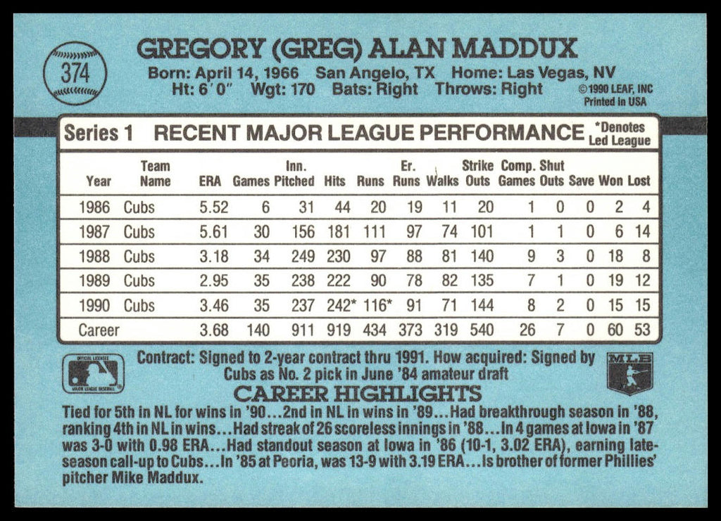 Greg Maddux #374 1991 Donruss Chicago Cubs