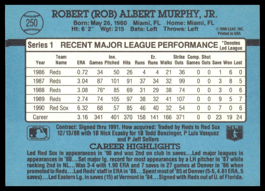 Rob Murphy #250 1991 Donruss Boston Red Sox