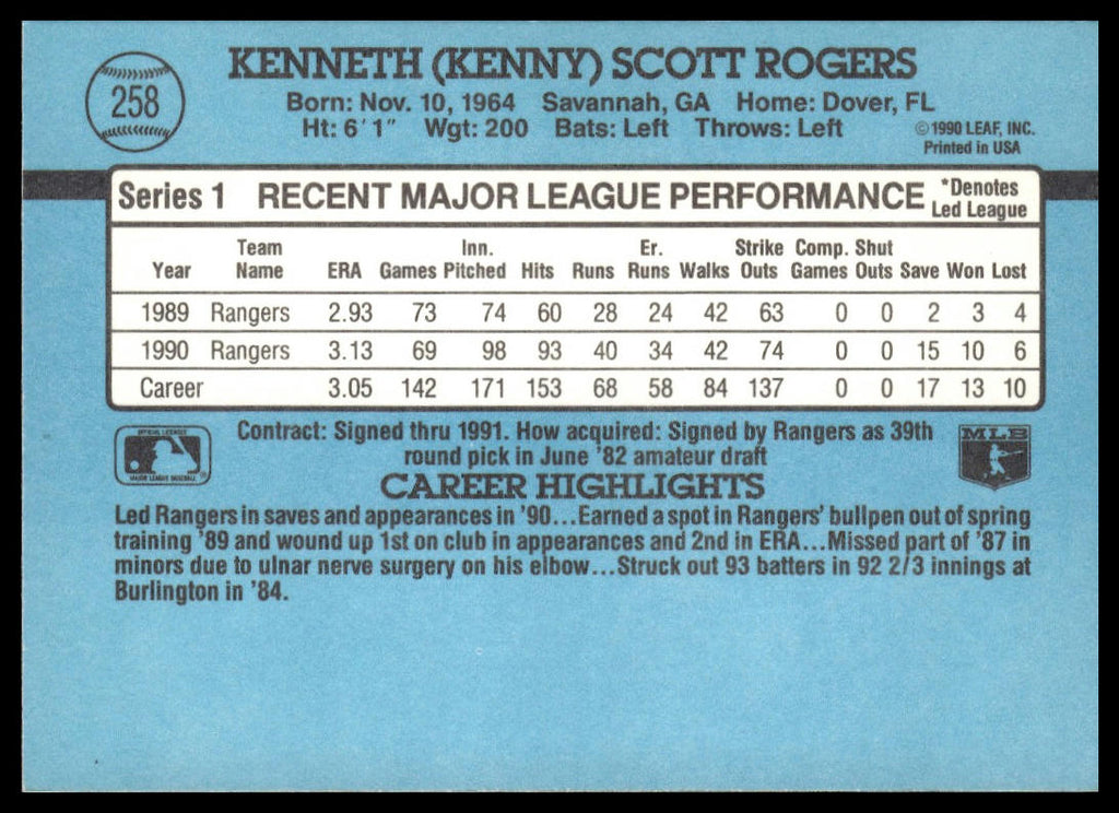 Kenny Rogers #258 1991 Donruss Texas Rangers