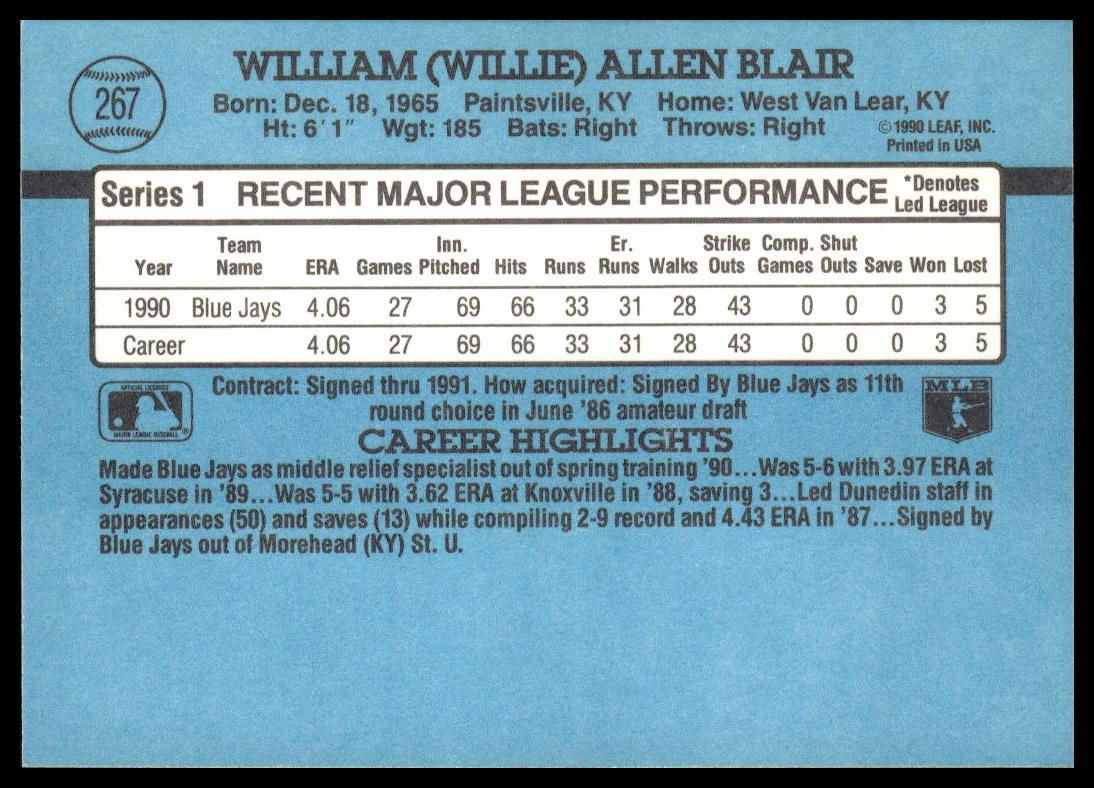 Willie Blair #267 1991 Donruss Toronto Blue Jays