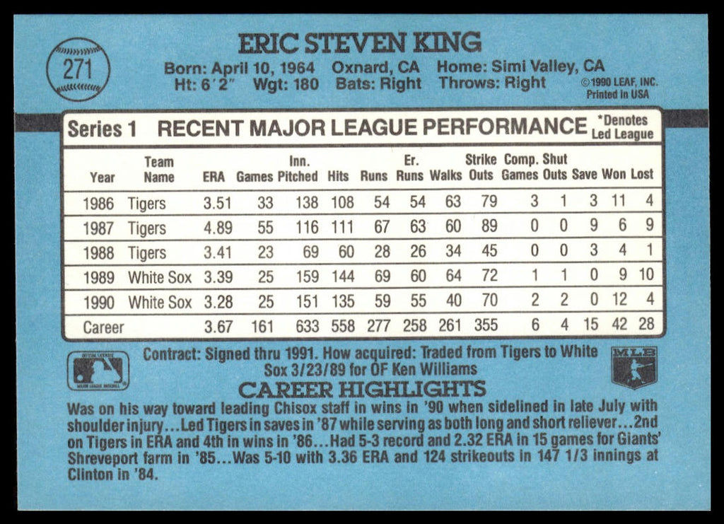 Eric King #271 1991 Donruss Chicago White Sox