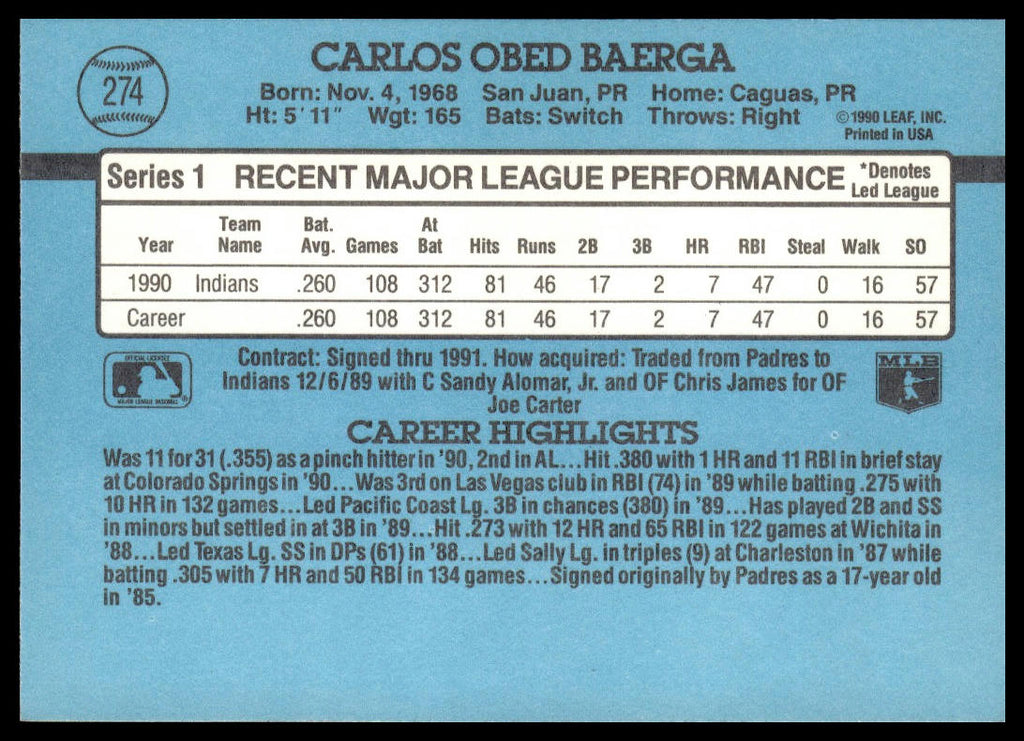 Carlos Baerga #274 1991 Donruss Cleveland Indians