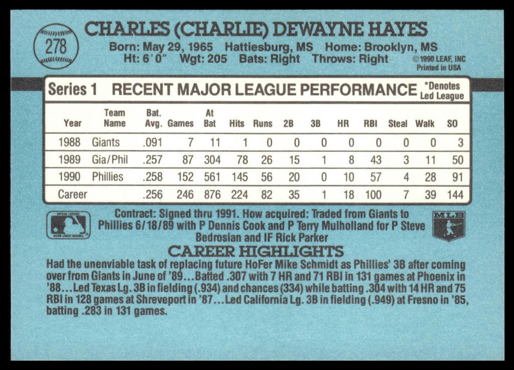 Charlie Hayes #278 1991 Donruss Philadelphia Phillies