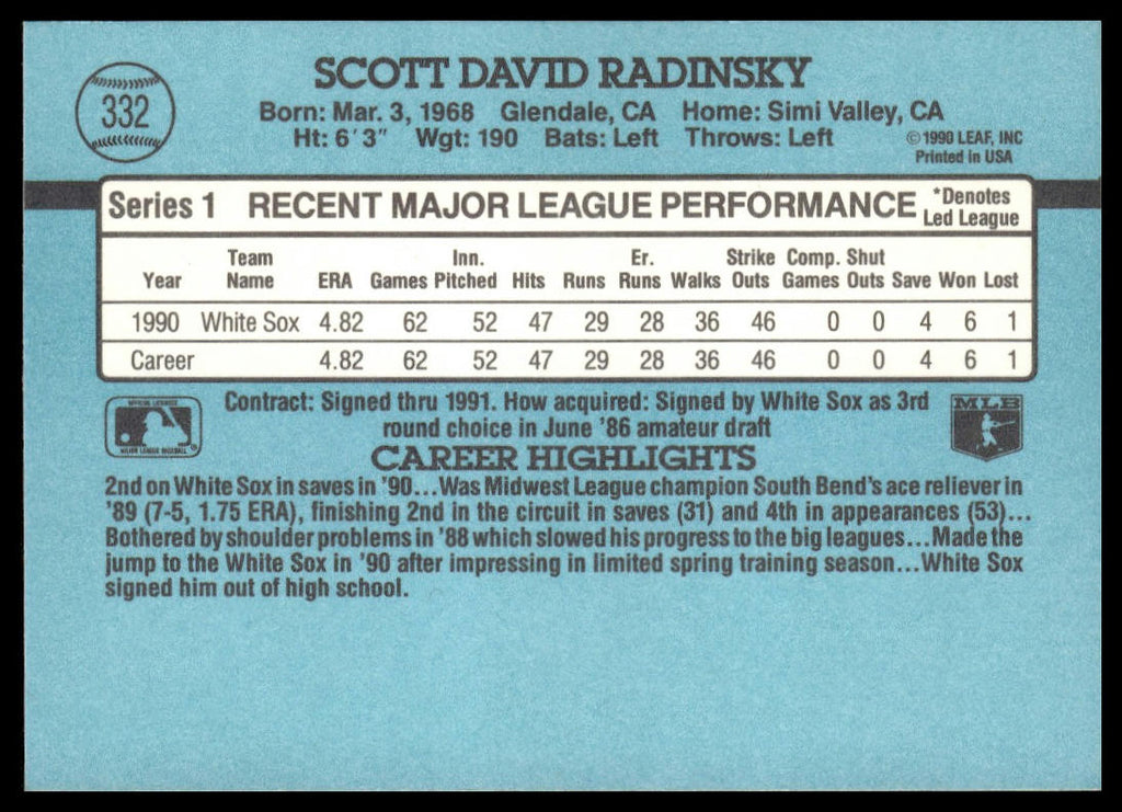Scott Radinsky #332 1991 Donruss Chicago White Sox
