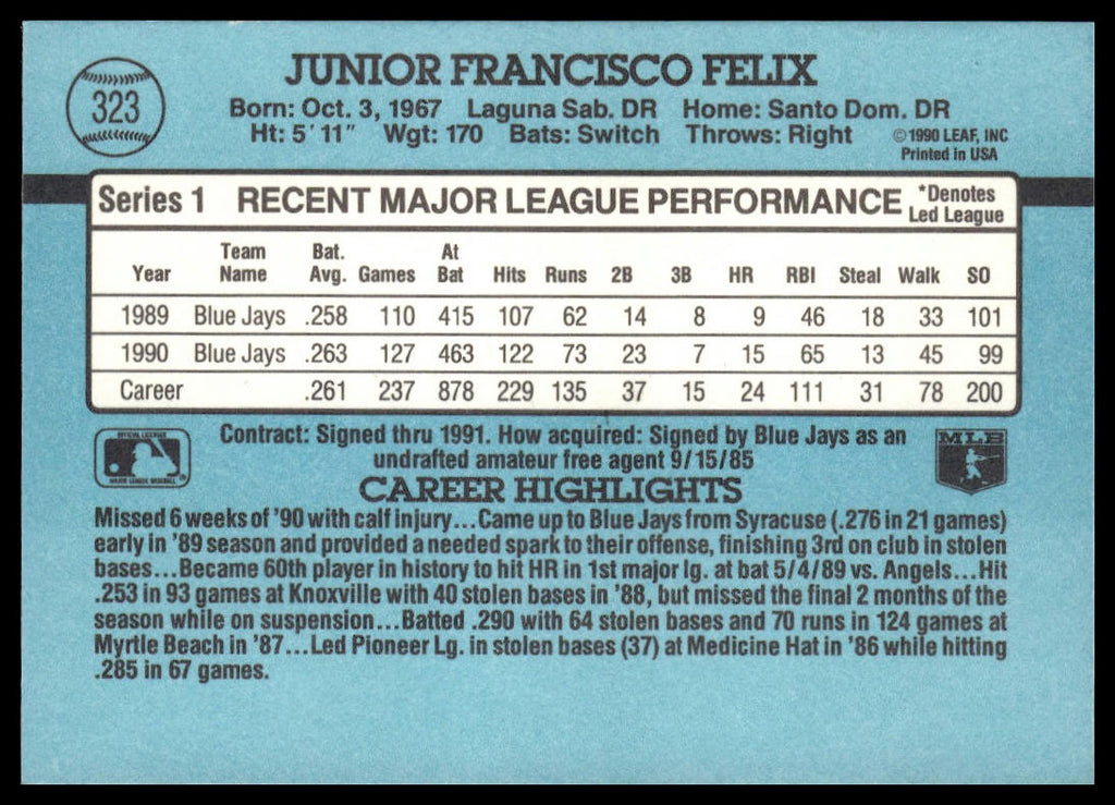 Junior Felix #323 1991 Donruss Toronto Blue Jays