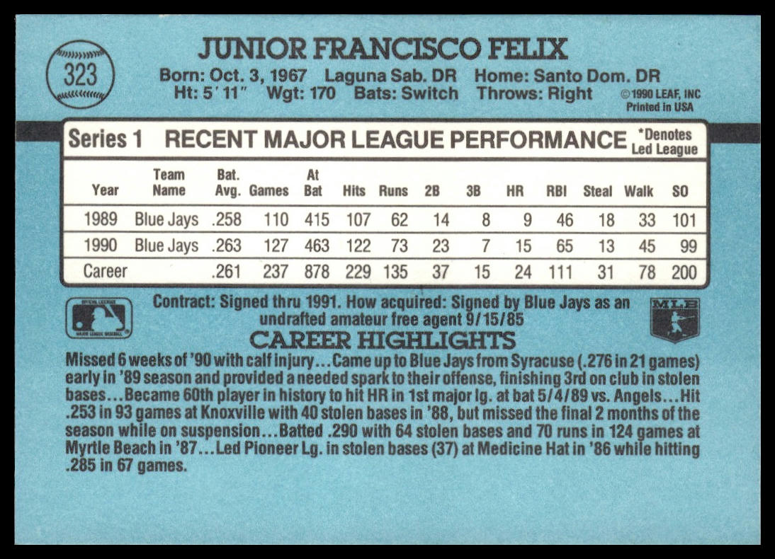 Junior Felix #323 1991 Donruss Toronto Blue Jays