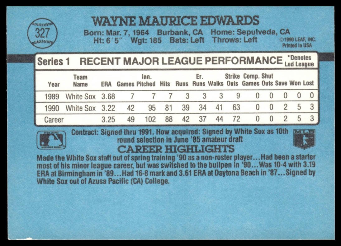 Wayne Edwards #327 1991 Donruss Chicago White Sox