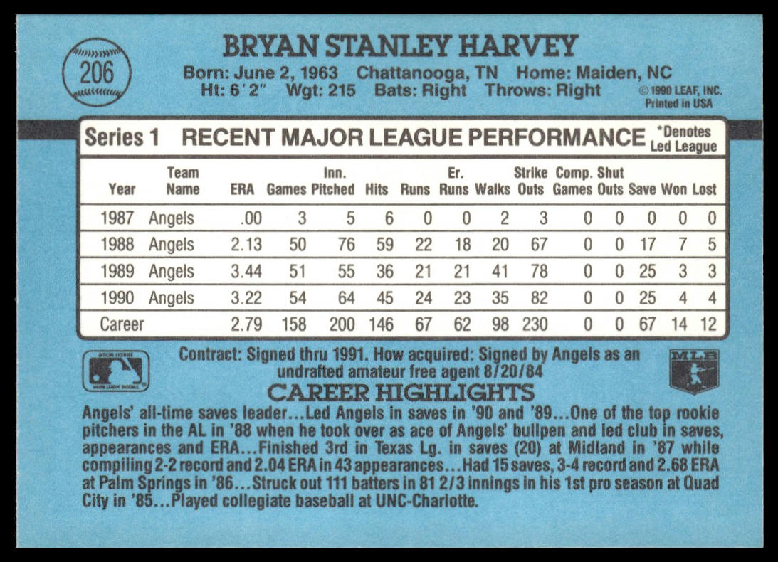 Bryan Harvey #206 1991 Donruss California Angels