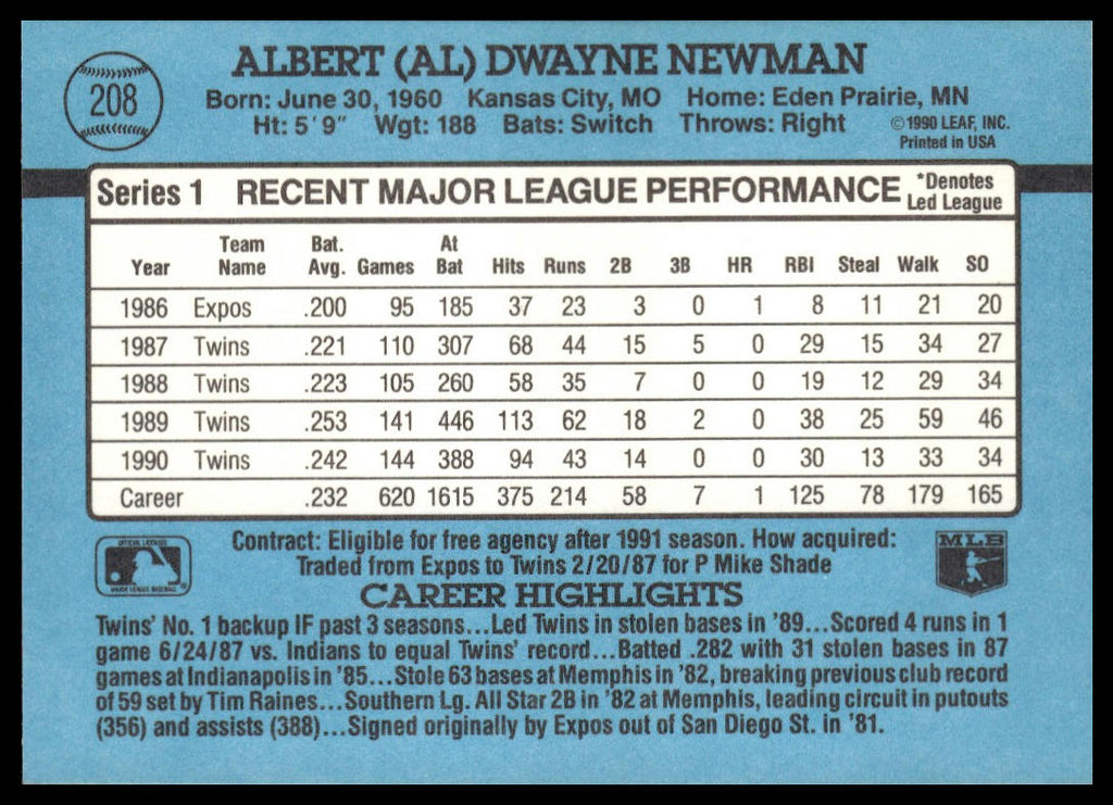 Al Newman #208 1991 Donruss Minnesota Twins