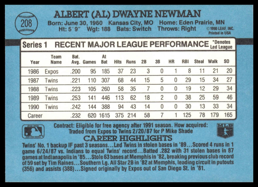 Al Newman #208 1991 Donruss Minnesota Twins