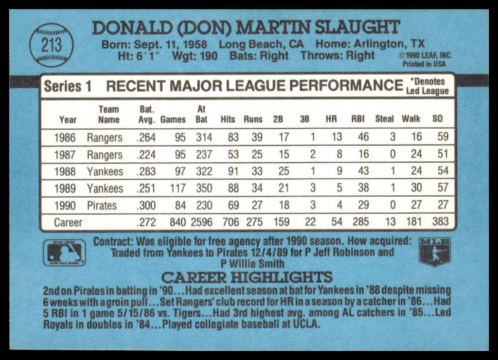 Don Slaught #213 1991 Donruss Pittsburgh Pirates