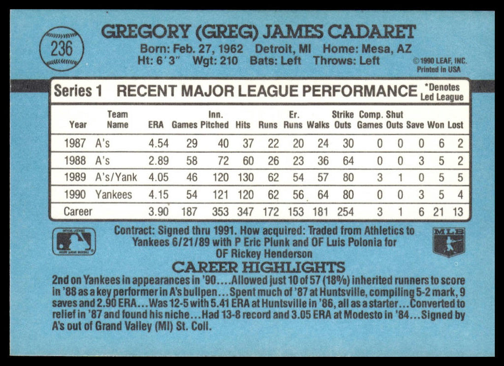Greg Cadaret #236 1991 Donruss New York Yankees
