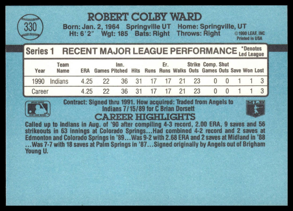 Colby Ward #330 1991 Donruss Cleveland Indians RC