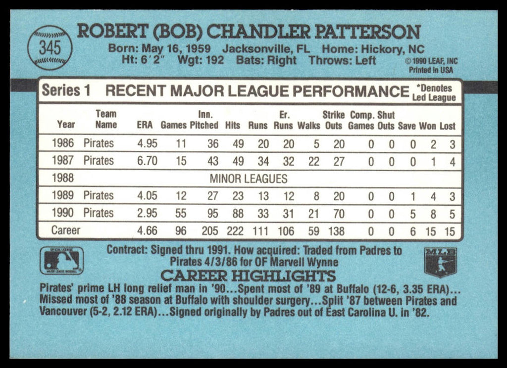 Bob Patterson #345 1991 Donruss Pittsburgh Pirates