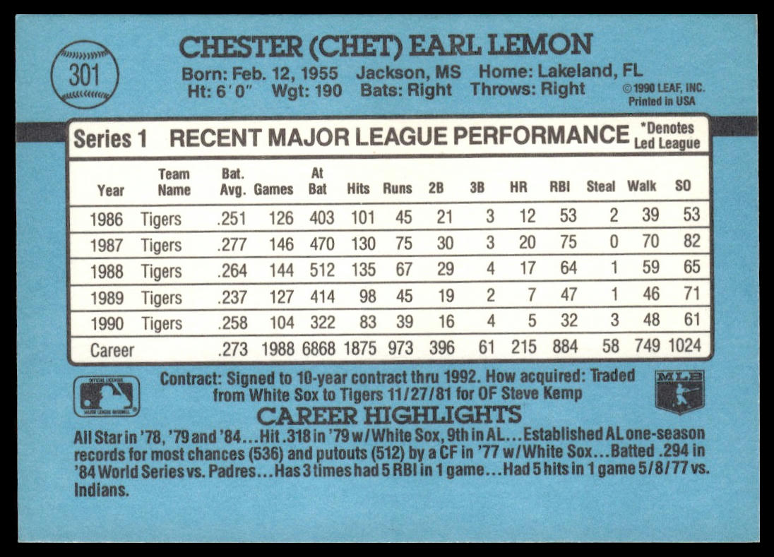 Chet Lemon #301 1991 Donruss Detroit Tigers