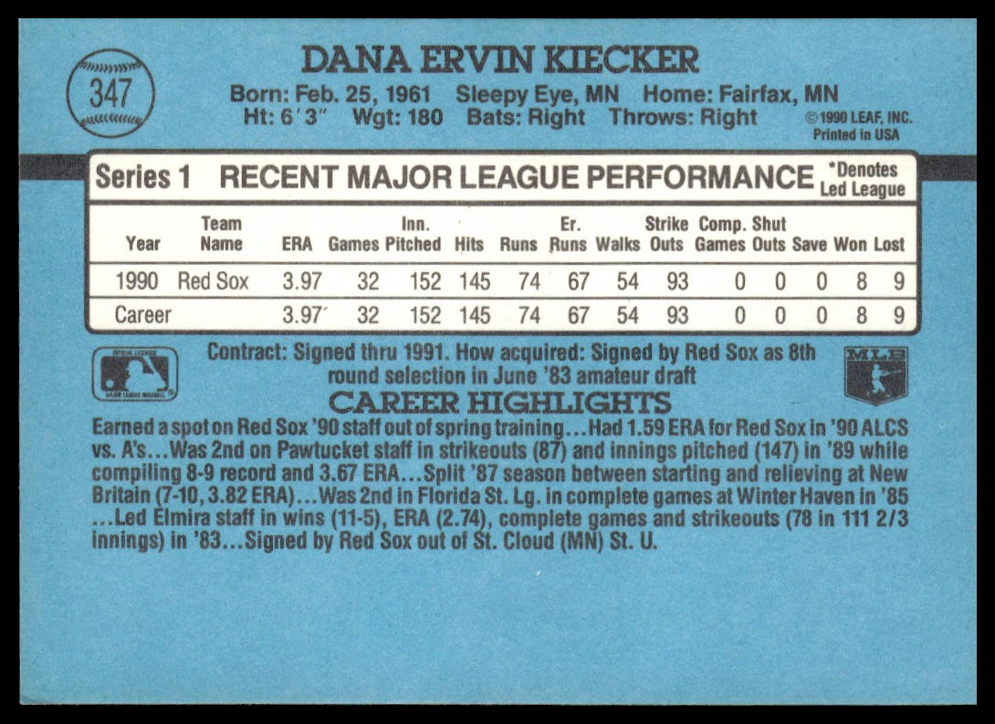 Dana Kiecker #347 1991 Donruss Boston Red Sox