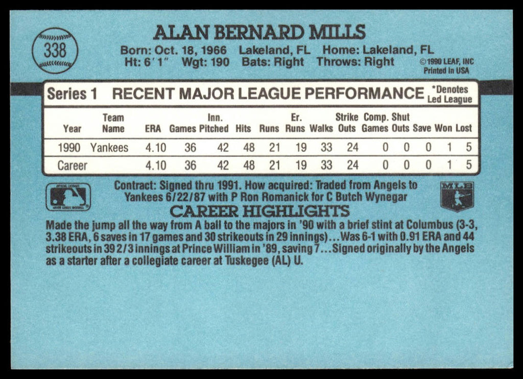 Alan Mills #338 1991 Donruss New York Yankees