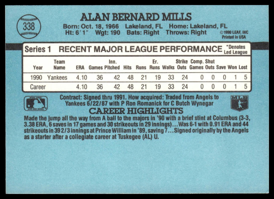 Alan Mills #338 1991 Donruss New York Yankees