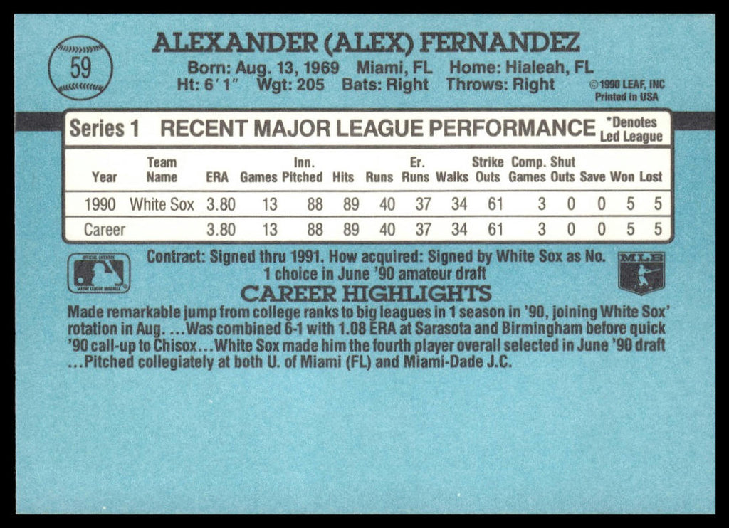 Alex Fernandez #59 1991 Donruss Chicago White Sox