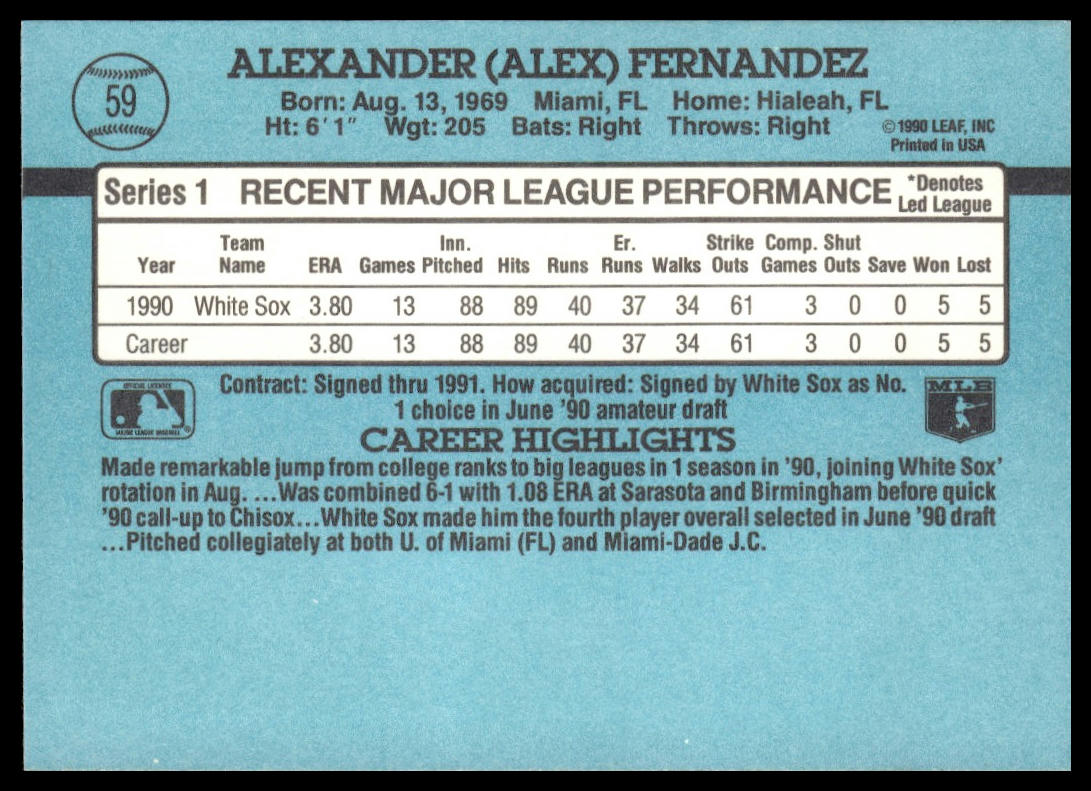 Alex Fernandez #59 1991 Donruss Chicago White Sox
